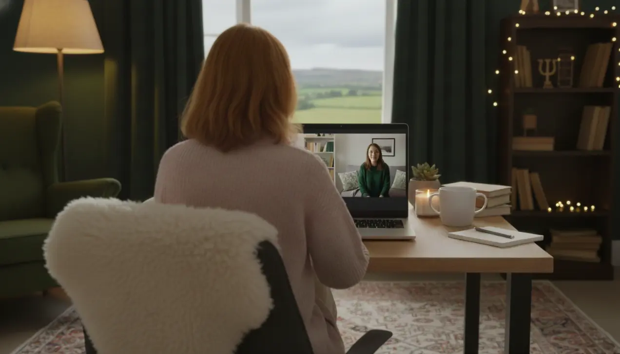 Online therapy session showing a client in a comfortable home environment having a video call with a therapist